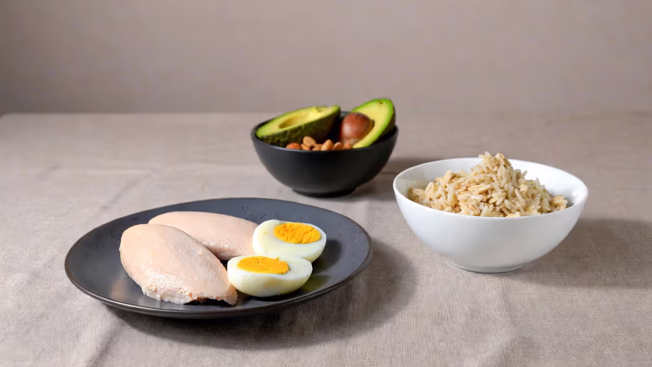 Protein, carbohydrate and fat food sources arranged separately on a table