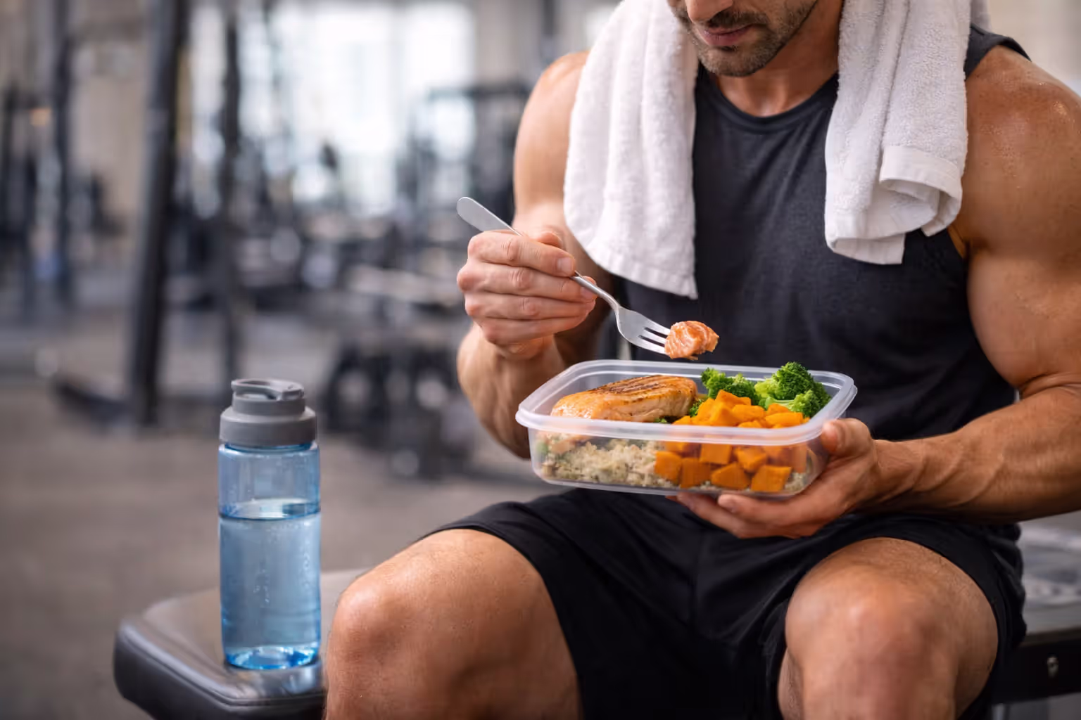 Athlete eating a recovery meal after strength training session